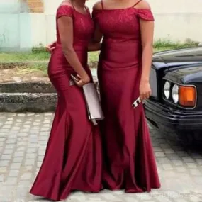 Burgundy Off Shoulder Mermaid Long Cheap Bridesmaid Dresses Online, WG263