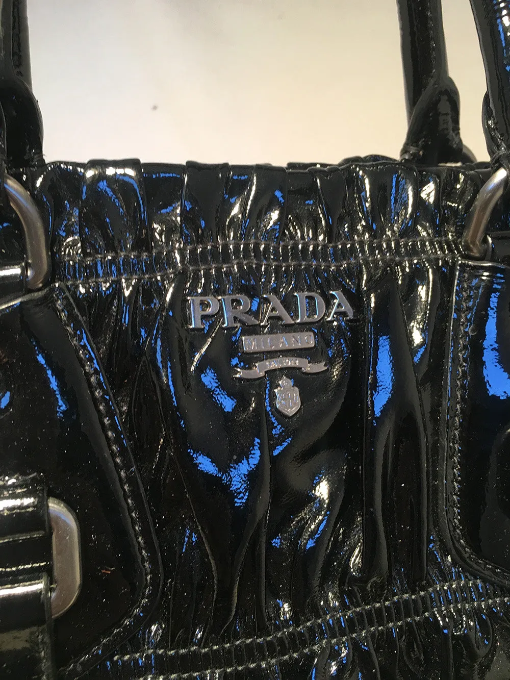 Prada Black Patent Leather Gaufre Ruched Shoulder Bag Tote