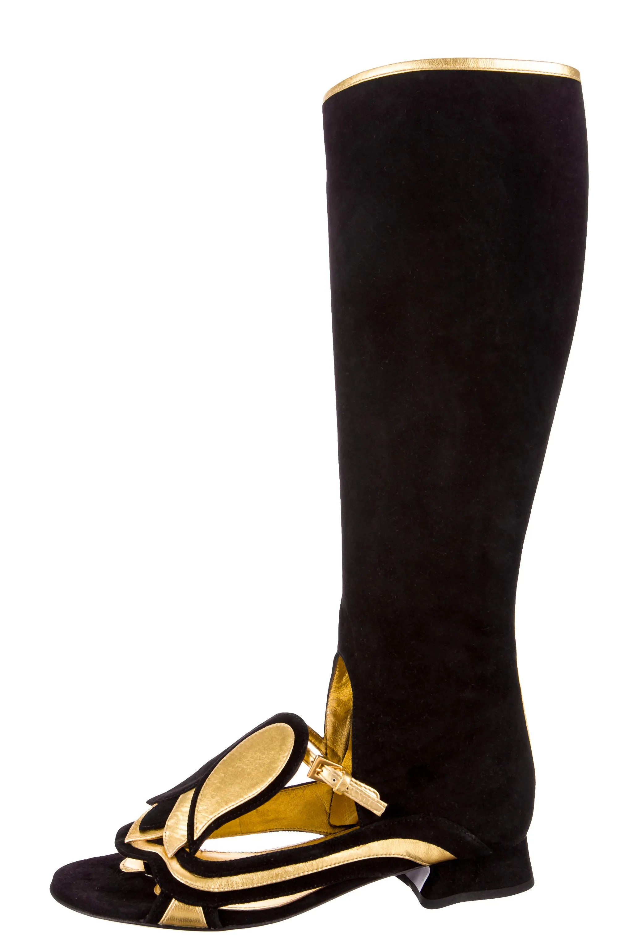 PRADA BLACK SUEDE & GOLD LEATHER FAIRY BOOTS WITH TULIPS 2008