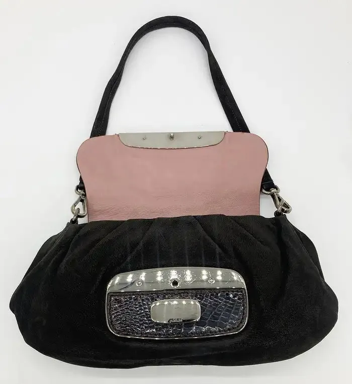 Prada Black Suede Rhinestone Alligator Flap Shoulder Bag