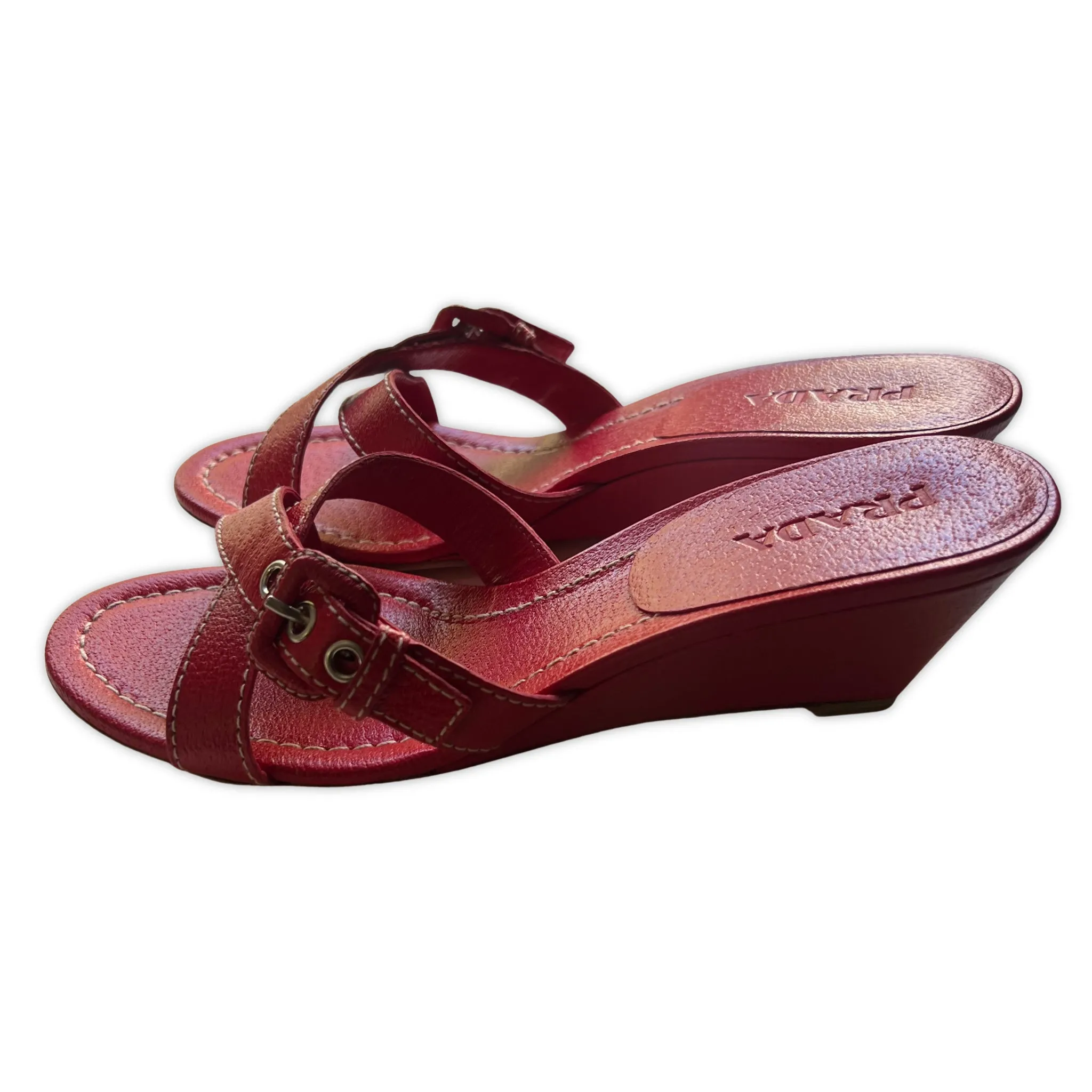 PRADA Red Buckle Detail Wedge Sandals | Size 38.5