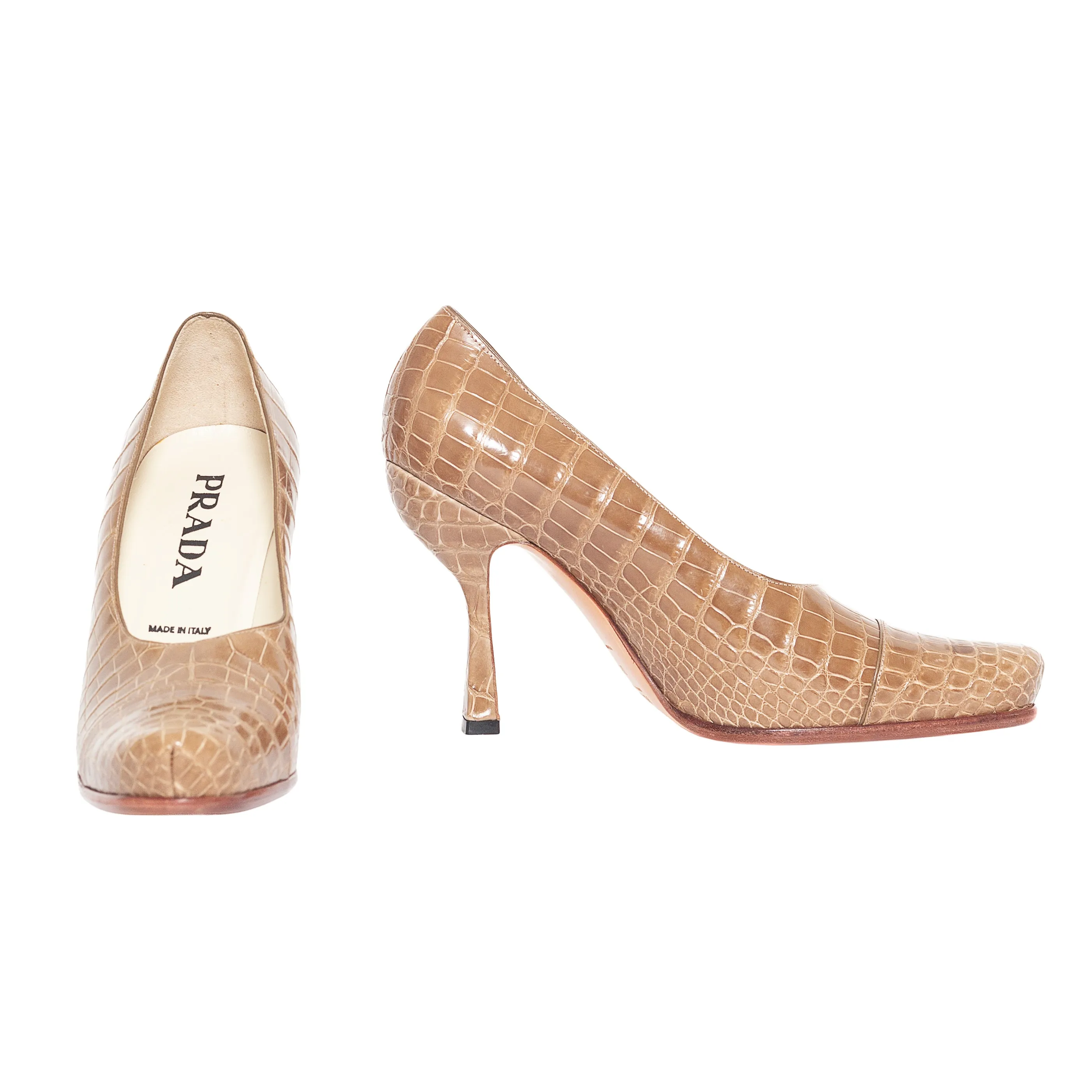 Taupe Crocodile Embossed Leather Cap Toe Pumps 38